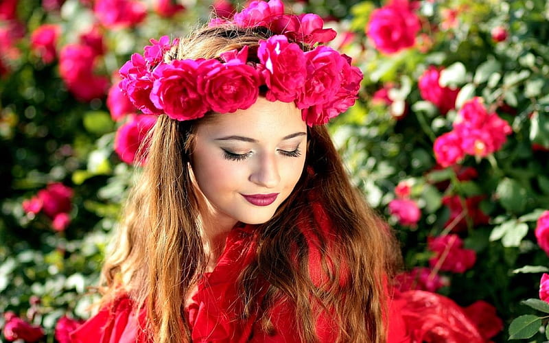Red Roses, red, girl, roses, sunlight, beauty, HD wallpaper