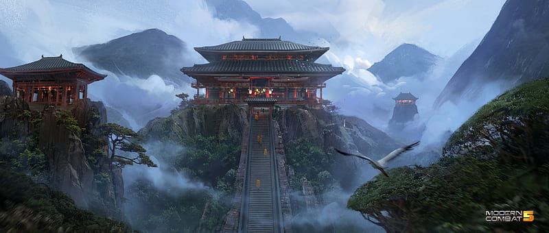 Japanese temple, bird, crane, pasari, alex ichim, art, world, frumusete, luminos, mist, fantasy, HD wallpaper