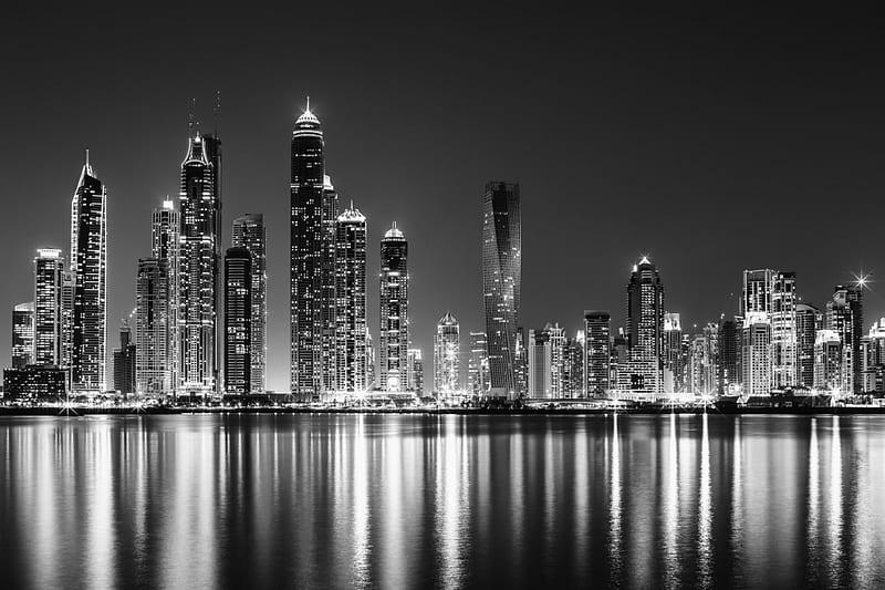 Dubai, city, Metallic Marina, black and white, reflection, BW, HD wallpaper