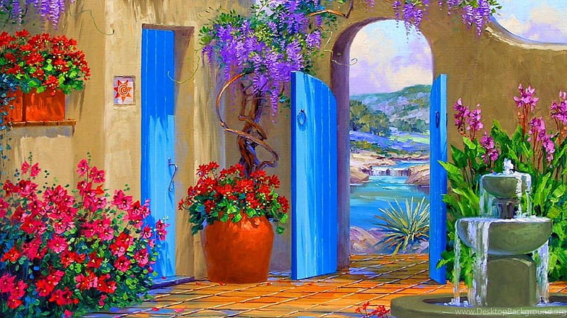 seaside villa, seaside, villa, potplants, door, HD wallpaper