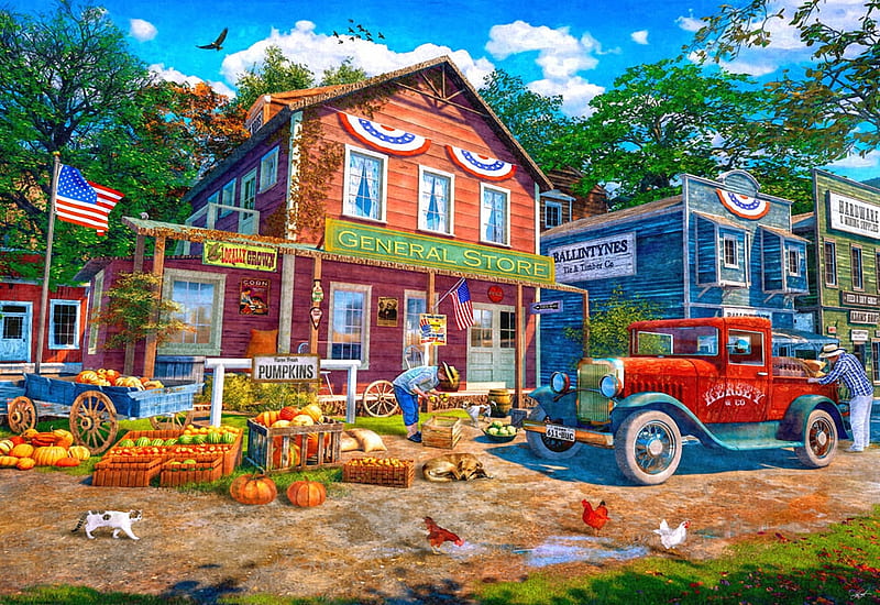 Old General Store, cat, flag, pumpkins, dog, house, fruits, artwork, car, village, digital, HD wallpaper
