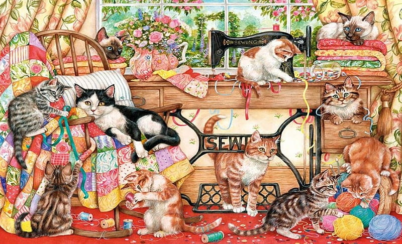 Sewing Room Kitties, Cute, Cats, Sewing, Kittens, Animals, HD wallpaper