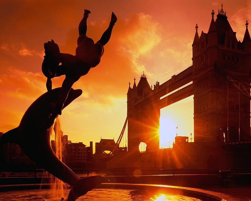 LONDON SUNSET, dolphin, dawn, orange, tower bridge, shadow, sunshine, evening, HD wallpaper