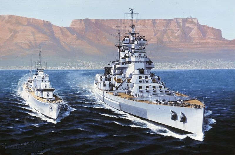 WORLD OF WARSHIPS HMS HOWE KING GEORGE V CLASS BATTLESHIP, HMS SABRE, TABLE BAY, TABLE MOUNTAIN AND CAPE TOWN, ESCORT HOWE, HD wallpaper