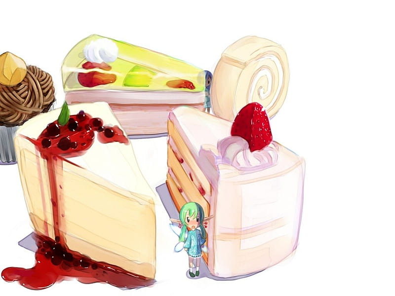 ♡ Cake ♡, cake, strawberry, bonito, adorable, sweet, fruit, nice, yummy, anime, beauty, delicious, lovely, food, anime food, piece, chibi, cute, kawaii, taste, slice, tasty, cream, HD wallpaper