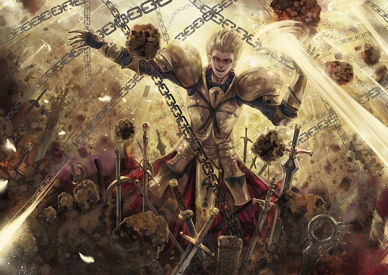 King of Heroes, king, swords, male, chains, armor, fate zero, weapons, fate stay night, anime, gilgamesh, archer, HD wallpaper