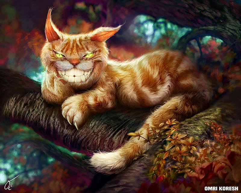 Cheshire cat, art, luminos, orange, ginger, alice wonderland, tree, fantasy, omrikoresh, pisica, HD wallpaper