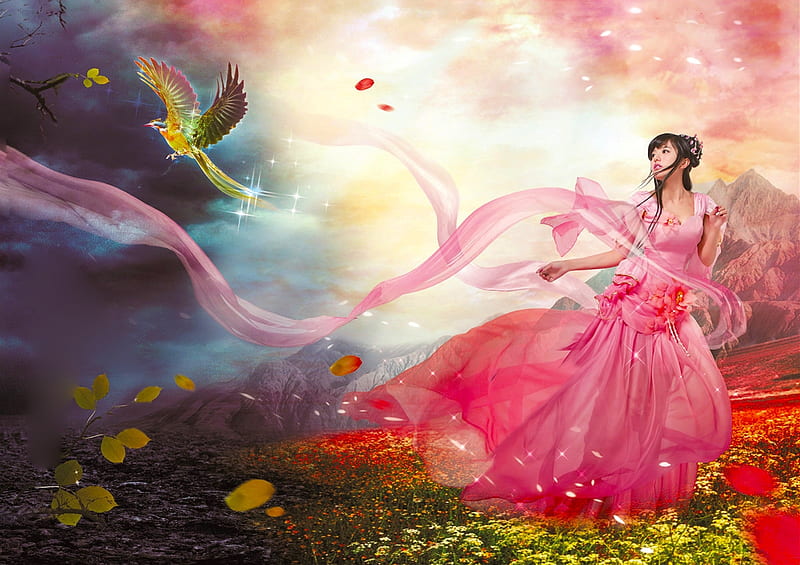 Girl and bird of paradise, pretty, art, bonito, woman, fantasy, bird of paradise, girl, serene, digital, asian, pink, HD wallpaper