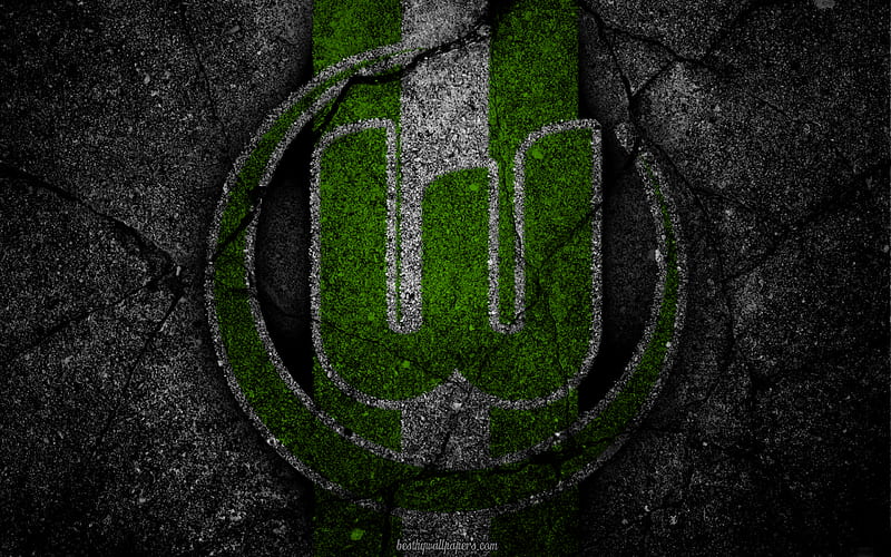 Wolfsburg, logo, art, Bundesliga, soccer, football club, VfL Wolfsburg, asphalt texture, HD wallpaper