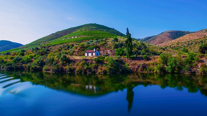 The River Douro, Portugal, trees, hills, water, house, reflections, landscape, HD wallpaper
