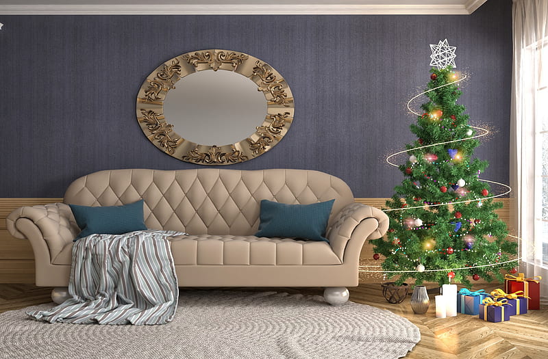 Christmas, tree, pillow, craciun, green, room, sofa, HD wallpaper