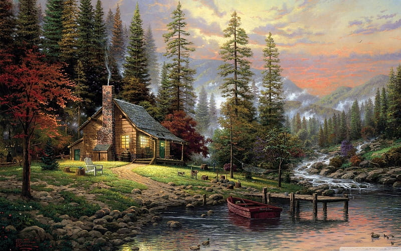 Hut in Mountain Forest, forest, hut, boat, mountains, painting, river, HD wallpaper