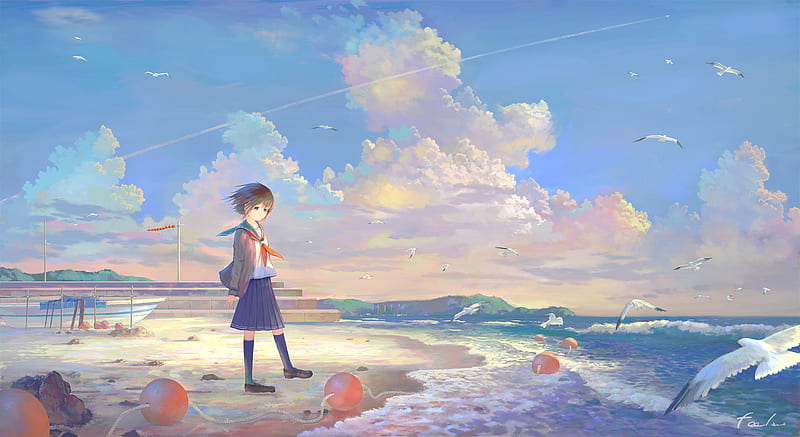 Anime school girl, clouds, uniform, sea, relaxing, seagulls, Anime, HD  wallpaper | Peakpx