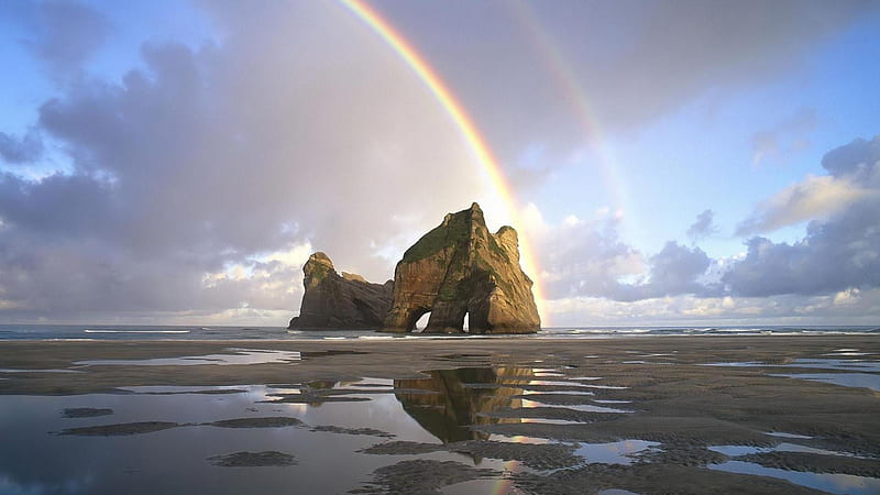 rainbow over beach boulder, beach, boulder, rainbow, clouds, HD wallpaper