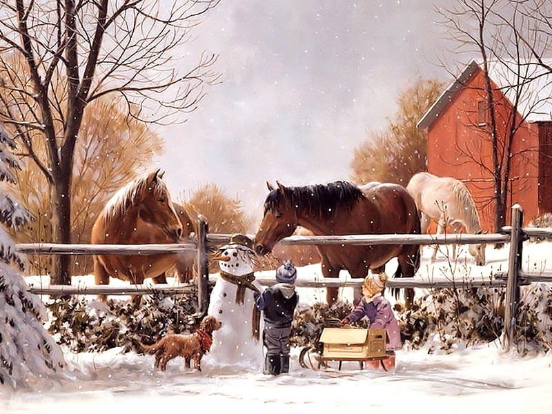 Farm in Winter, Farm, Winter, Animals, Children, HD wallpaper