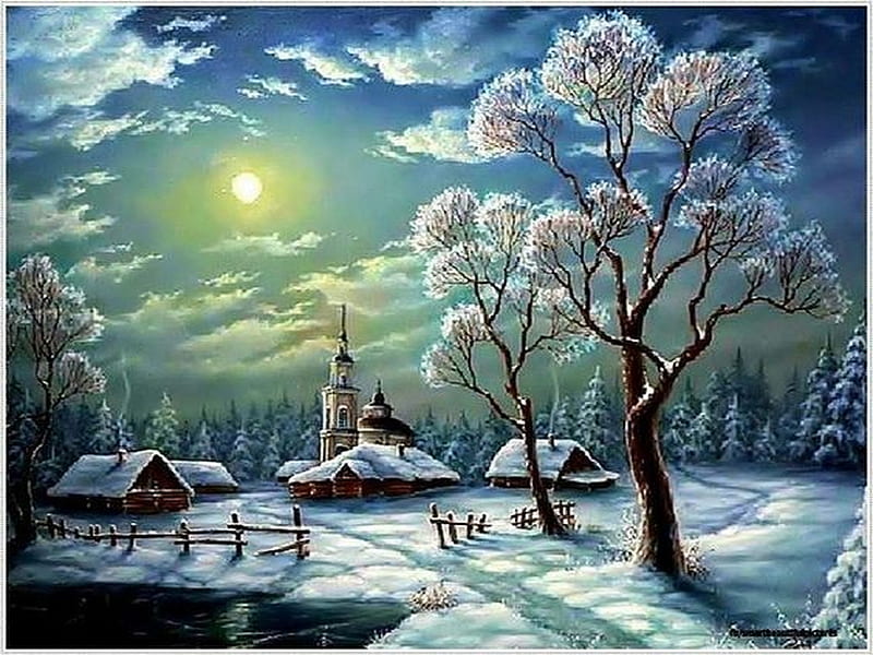 Winter peace, church, trees, snow, winter, HD wallpaper