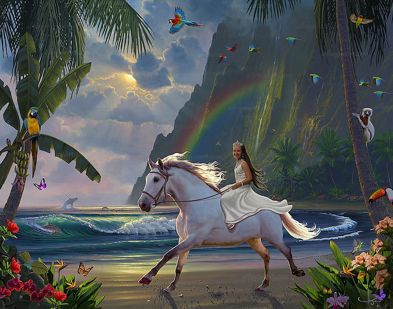 Amber's Tropical Play, rainbow, waves, horse, clouds, sky, palms, sea, artwork, monkey, beach, girl, mountains, digital, flowers, parrots, HD wallpaper