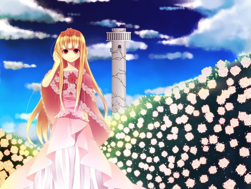 Multiflora Hime, pretty, dress, blond, divine, bonito, sublime, elegant, floral, sweet, blossom, nice, tower, hot, beauty, anime girl, long hair, gorgeous, female, cloud, lovely, gown, blonde, aime, blonde hair, sky, sexy, roses, blond hair, cute, girl, flower, petals, HD wallpaper