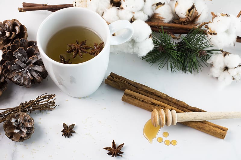 tea, drink, spices, pine cones, cotton flowers, winter, white, HD wallpaper