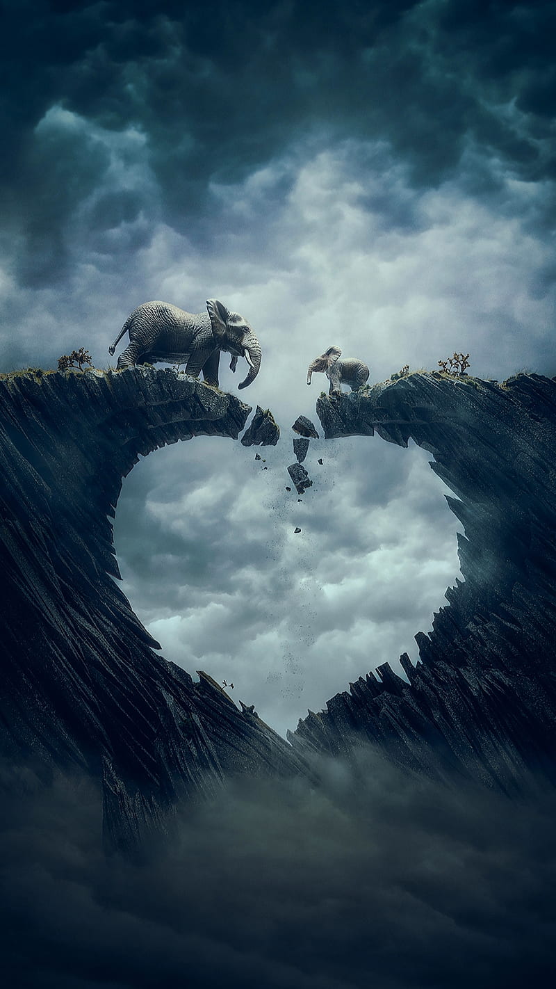 Broken heart, animals, bridge, clouds, drawings, elephants, family, fantasy, heart, love, HD phone wallpaper