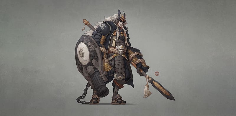 Fantasy, Shield, Mask, Warrior, Samurai, Spear, HD wallpaper