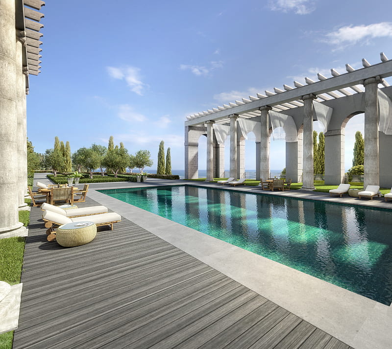 Luxury, house, mansion, pool, water, HD wallpaper