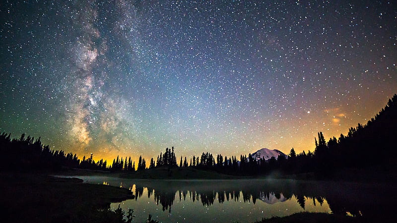 Serene Starry Night, forest, starry, trees, sky, lake, mountain, nature, reflection, night, HD wallpaper