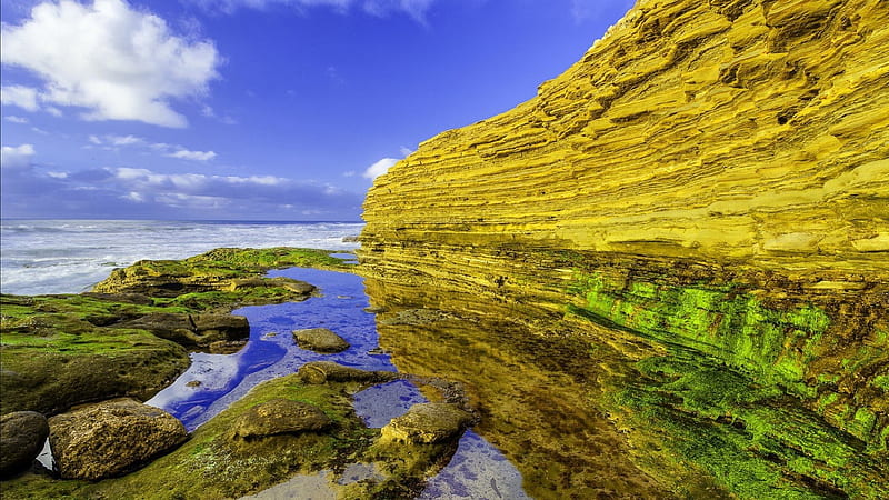gorgeous seacoast, rocks, cliff, reflection, coast, sea, HD wallpaper