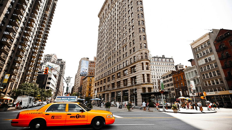 the flatiron building in manhattan, city, streets, taxi, skyscrapers, HD wallpaper