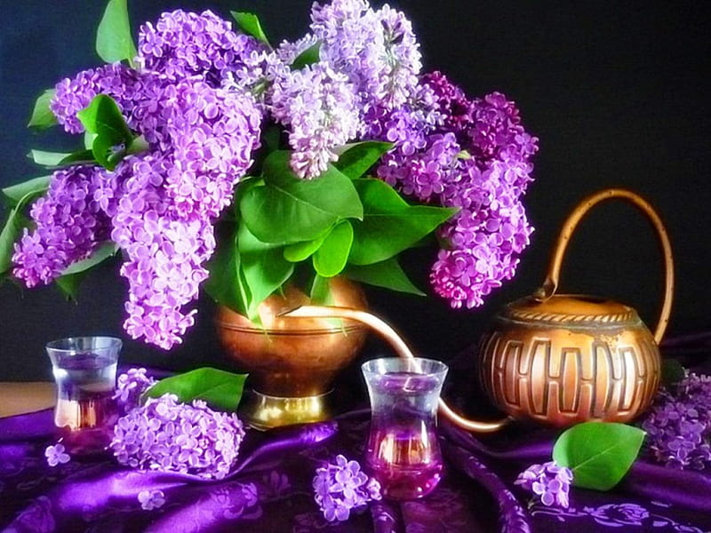 The scent of lilac, lilac, glasses, scent, bonito, spring, small, tea, leaves, graphy, purple, flowers, color, nature, stilll life, petals, kettle, HD wallpaper
