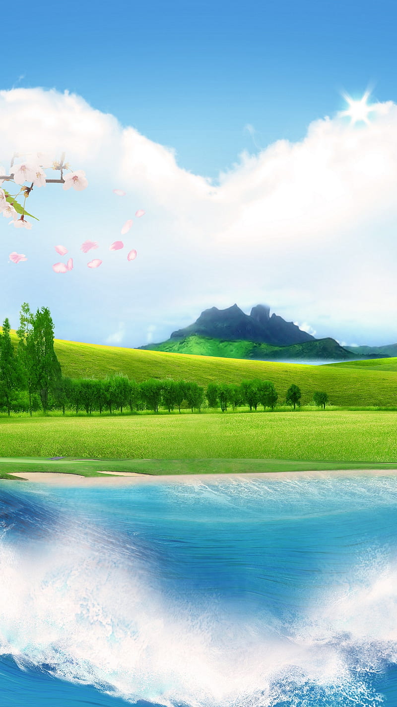 Nature , water, tree, flower, sky, cloud, green field, HD phone wallpaper
