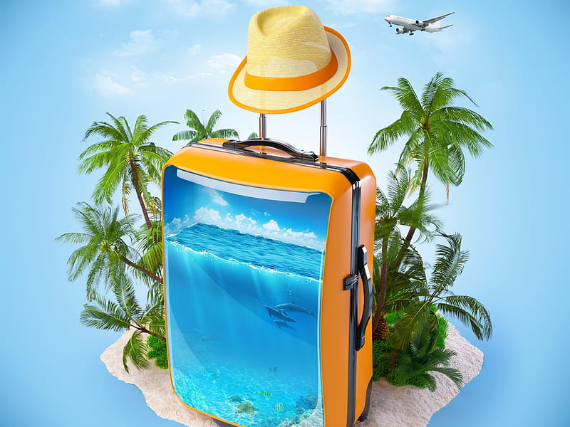 suitcase, vacation, tropical, manipulation, sea, palm trees, Others, HD wallpaper