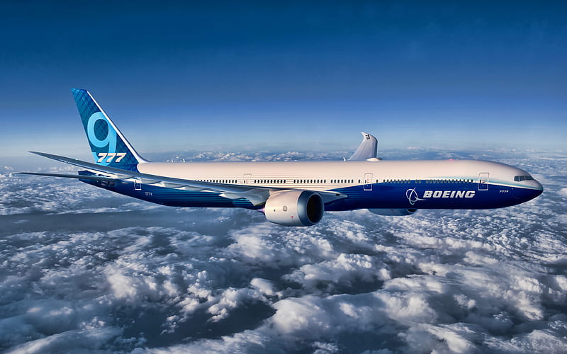 Flying Boeing 777X airplane, blue sky, Boeing 777X, airliner, passenger planes, Boeing, 777X, HD wallpaper