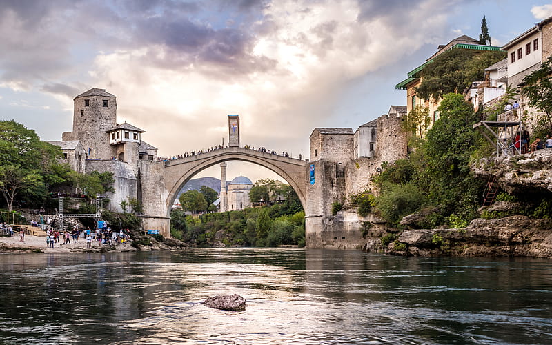 Mostar, Stari Most, Mostar Bridge, Neretva, river, stone bridge, landmark, Bosnia and Herzegovina, HD wallpaper
