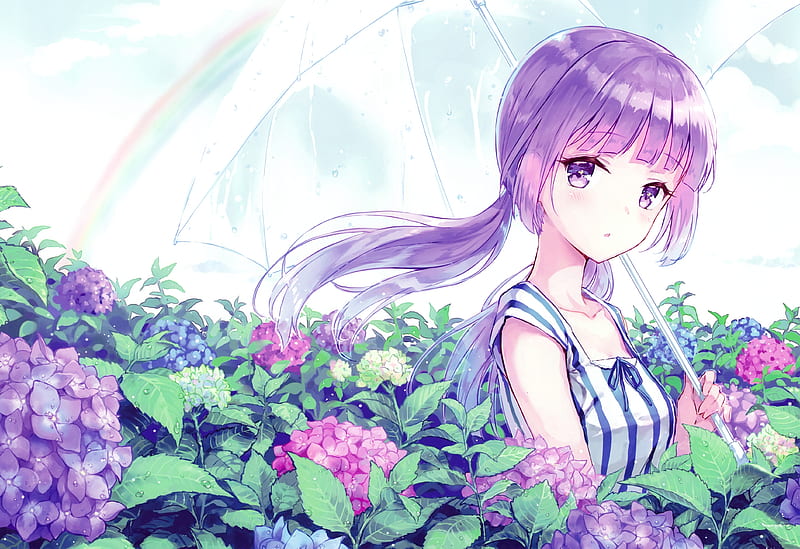 anime girl, purple hair, flowers, umbrella, Anime, HD wallpaper