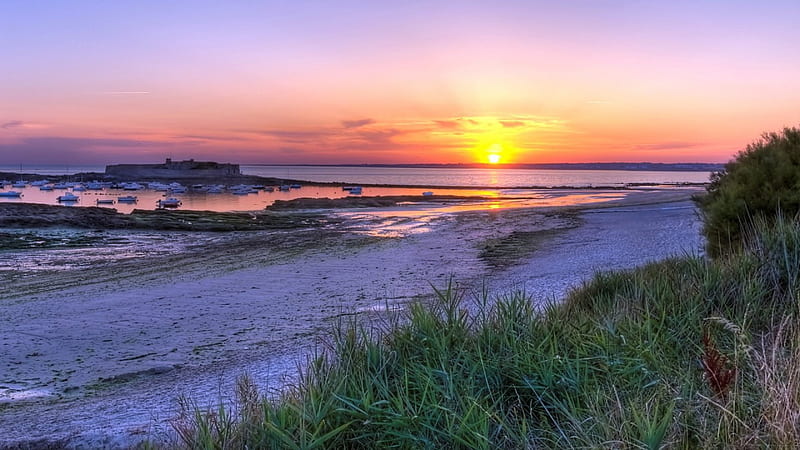 wonderful sunset on a beach harbor, beach, boats, sunset, harbor, sea, HD wallpaper