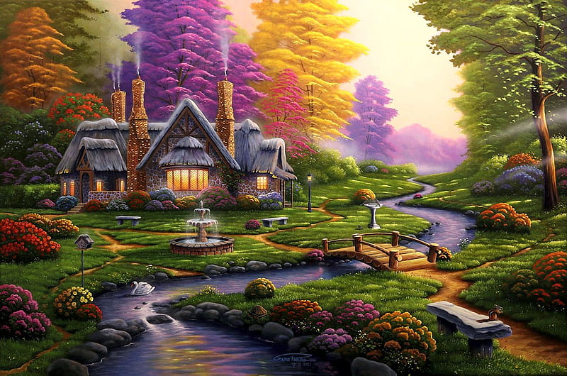 A Dreamy Retreat, painting, flowers, creek, trees, sky, artwork, fountain, cottage, swan, bridge, HD wallpaper