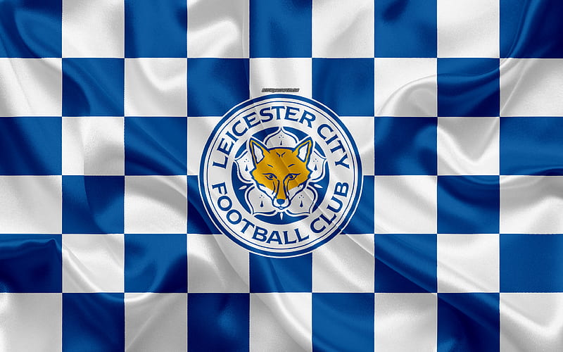 Leicester City FC, LCFC logo, creative art, blue and white checkered flag, English football club, Premier League, emblem, silk texture, Leicester, UK, England, HD wallpaper
