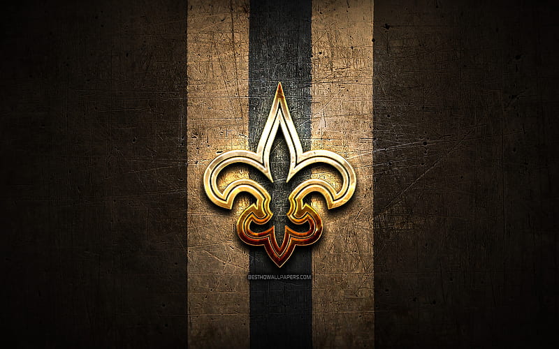 New Orleans Saints, golden logo, NFL, brown metal background, american football club, New Orleans Saints logo, american football, USA, HD wallpaper