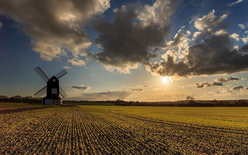windmill surrounded by cultivated fields, windmill, sun, fields, clouds, HD wallpaper