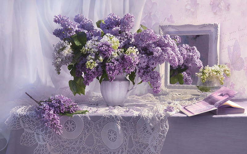 Lilacs Still Life, book, still life, mirror, lilacs, HD wallpaper