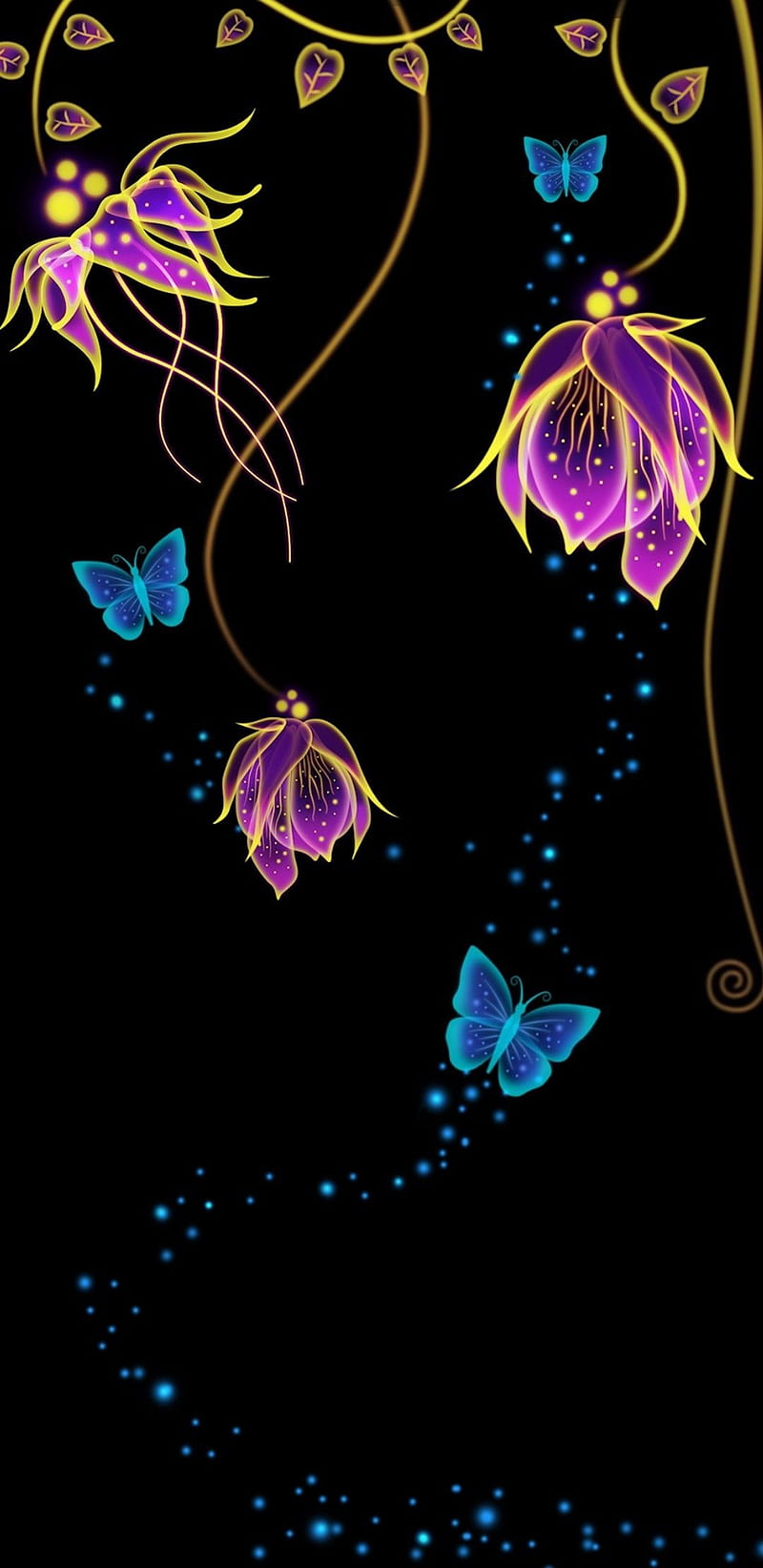 Nightly Glows, blue, butterflies, butterfly, fantasy, flowers ...