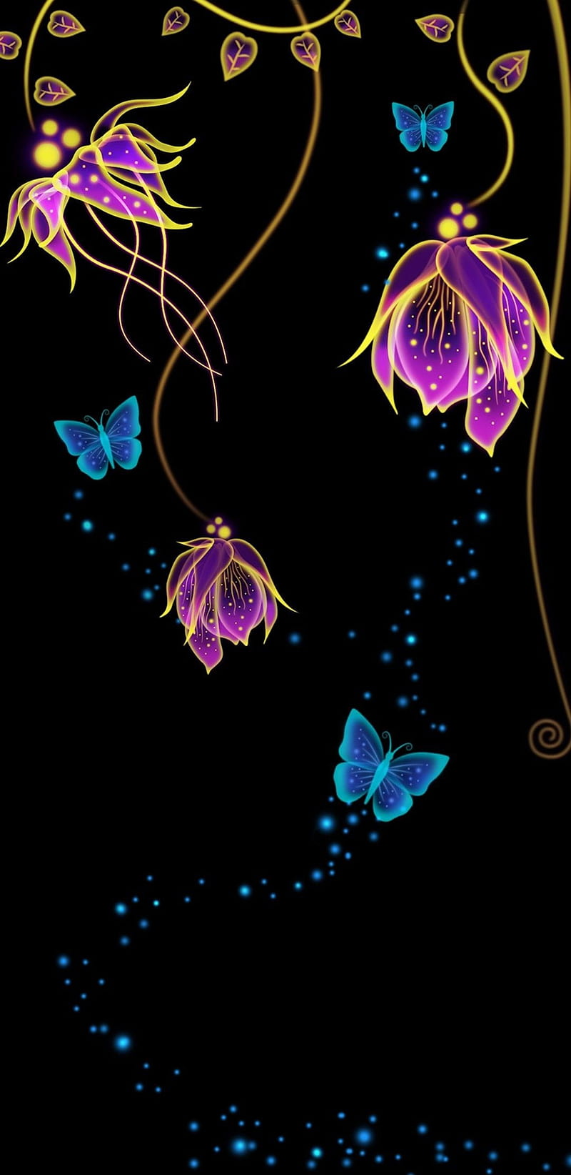 Nightly Glows, blue, butterflies, butterfly, fantasy, flowers, girly, neon, pink, pretty, HD phone wallpaper