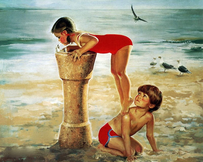 REACHING OUT AT BEACH BREAK, art, birds, beach, reaching, boy, water, girl, painting, drink, HD wallpaper