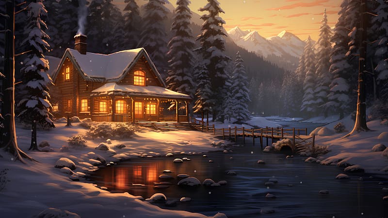 Winter wooden cottage, Trees, Cabin, House, Forest, Reflection, Lights ...