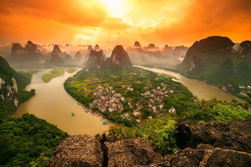 Falling Afternoon Over Yangshuo, orange, China, buildings, yellow, bonito, sky, magic light, clouds, fog, city, green, mountains, sun rays, river, forests, HD wallpaper