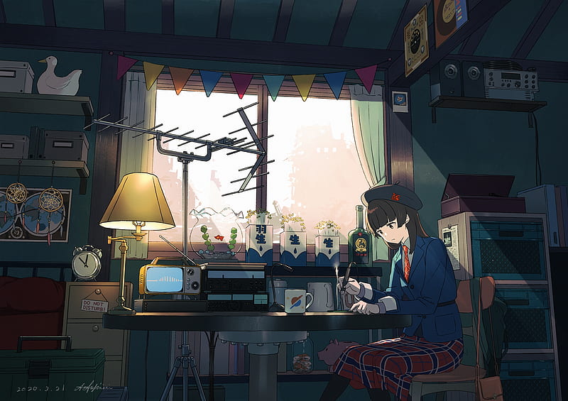 anime girl, electrician, room, uniform, mood, nostalgic, Anime, HD wallpaper