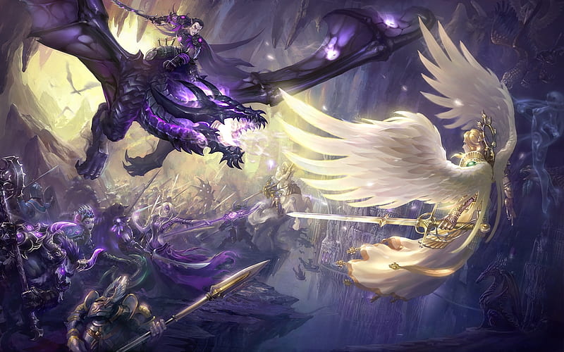 Epic battle, wings, luminos, angel, demon, fantasy, epic, battle, purple, yuchenghong, fight, white, sword, blue, HD wallpaper