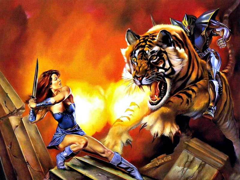 The fight, art, orange, amazon, tiger, woman, fantasy, girl, fight, sword, HD wallpaper