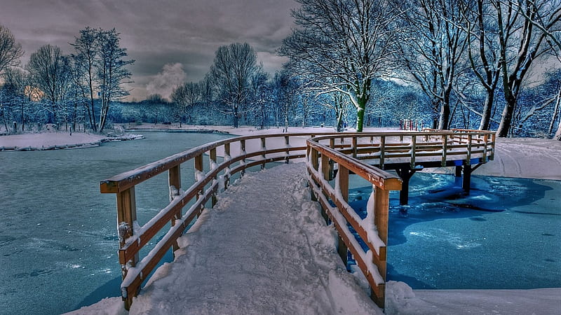 wonderful footbridge in winter r, bridge, river, r, trees, wood, winter, HD wallpaper